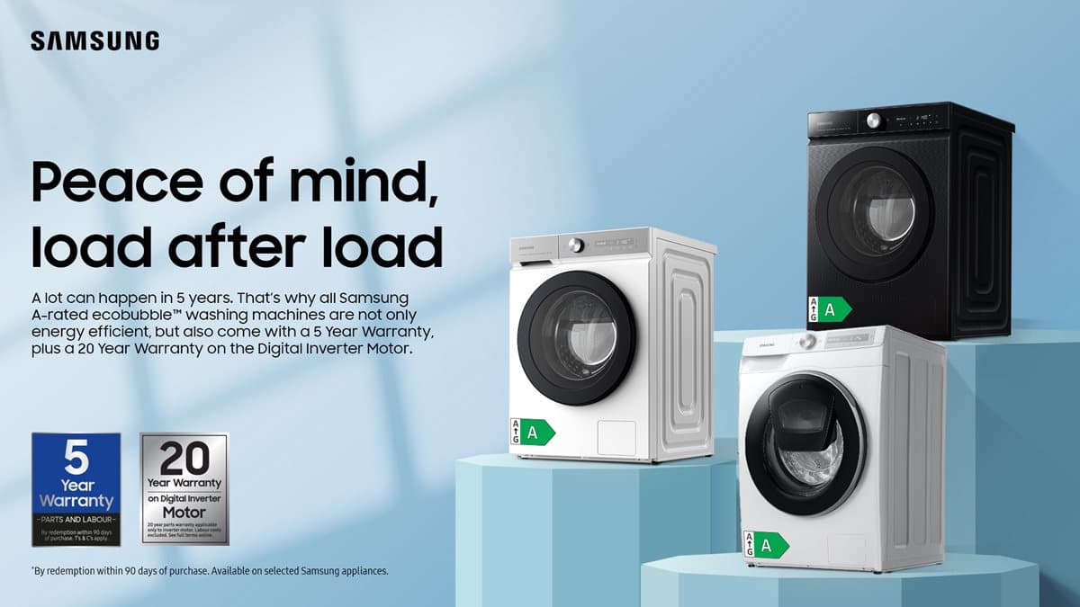 Samsung — Peace of mind, load after load. 5 year warranty plus 20 year warranty on the Digital Inverter Motor.
